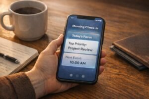 A smartphone displaying an AI morning check-in with daily focus and upcoming events on a desk