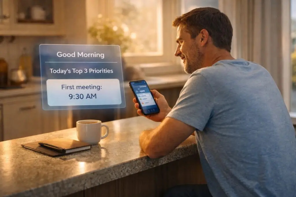 A busy adult starting the morning calmly while reviewing AI-generated daily priorities on a smartphone at home