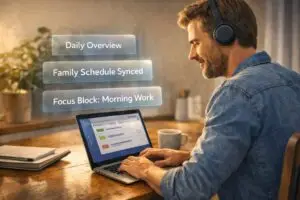 An adult using a laptop with AI summaries to manage work and family schedules during the morning