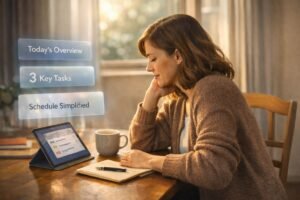 A busy adult starting the morning calmly while reviewing AI-generated daily priorities on a smartphone at home