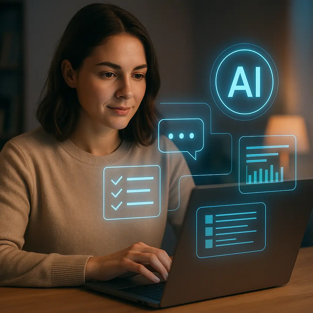 A woman sitting in a bright, cozy living room using a laptop, with soft near-future AI overlays showing a daily briefing, shopping suggestions, and wellness insights.