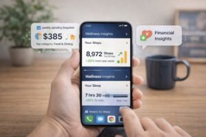 Everyday AI tools providing budget and wellness insights on a smartphone