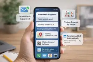 Everyday AI tools on a smartphone showing smart replies, photo grouping, and automatic reminders