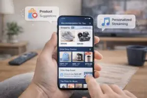 Everyday AI tools powering personalized shopping and streaming recommendations on a smartphone