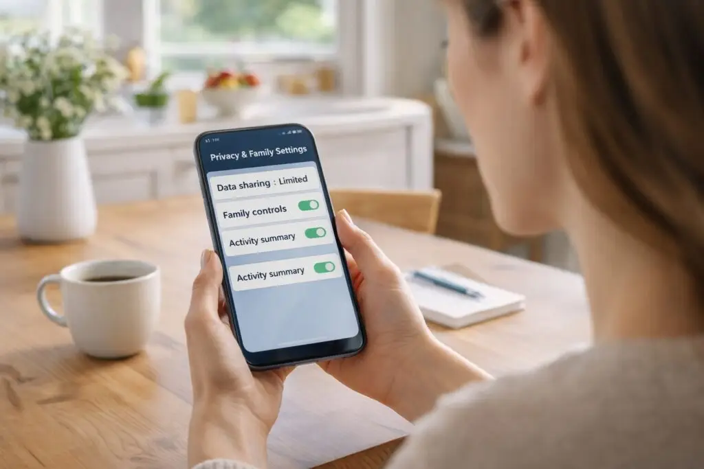 Parent checking AI privacy and safety settings on a smartphone