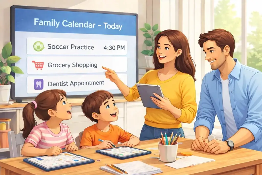 AI for family scheduling showing a family using a shared calendar to coordinate daily activities