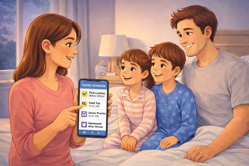 AI for family scheduling showing a family reviewing tomorrow’s plans together in the evening