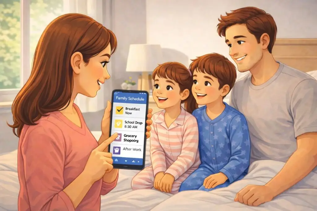 AI for family scheduling showing parents and children reviewing a morning plan on a smartphone