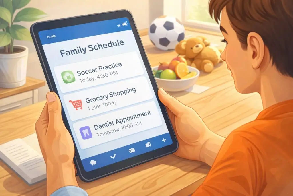 AI for family scheduling displayed on a tablet showing a shared daily family calendar