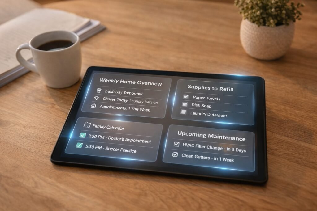 AI home management dashboard organizing household tasks and supplies
