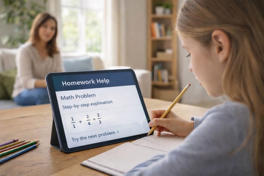 Child using AI learning support at home with parental guidance