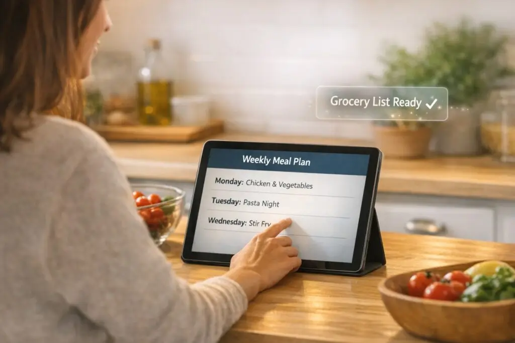 AI meal planning using a digital assistant to organize meals and grocery lists at home