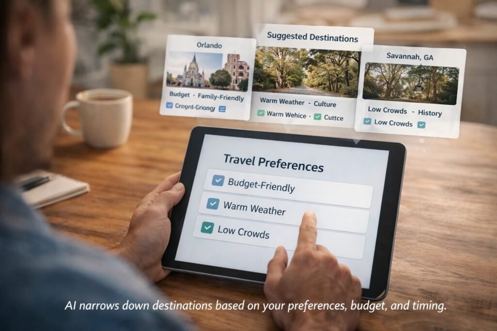 AI suggesting travel destinations based on budget, weather, and preferences