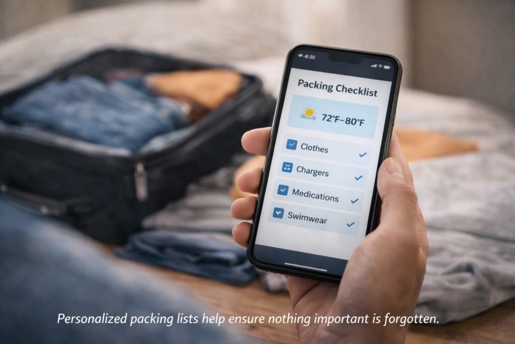 AI packing list helping travelers prepare for a trip