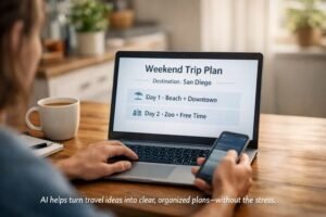 AI travel planning interface helping organize a simple weekend trip itinerary