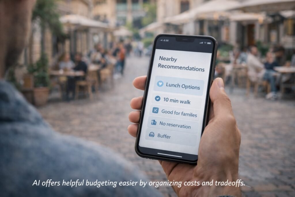 AI providing real-time travel recommendations while exploring a city