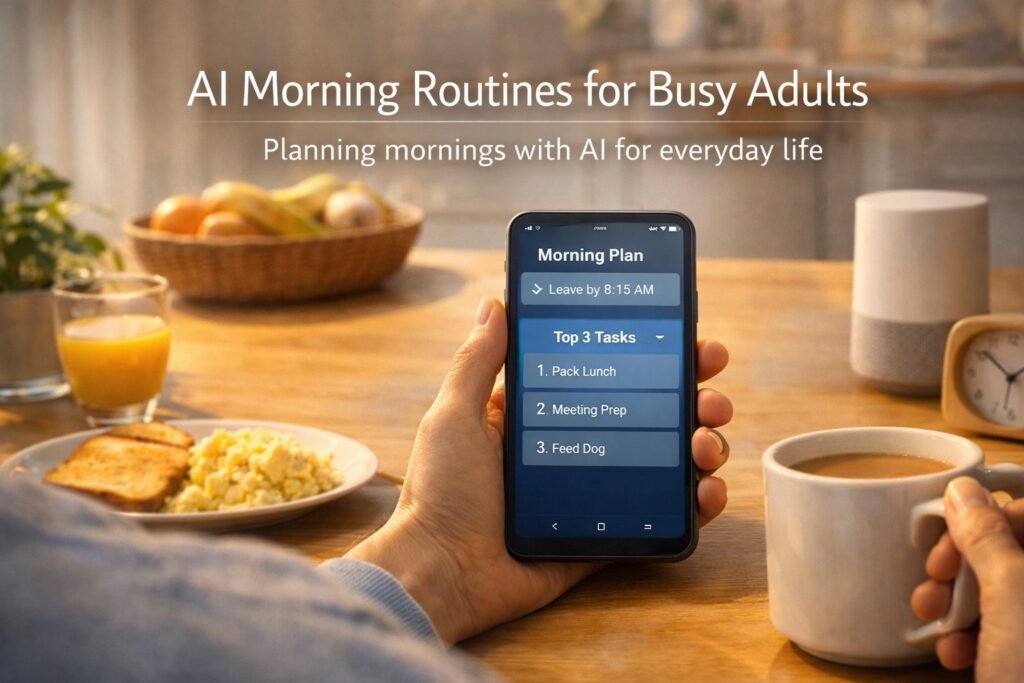 AI for everyday life helping plan a calm morning routine with reminders and priorities