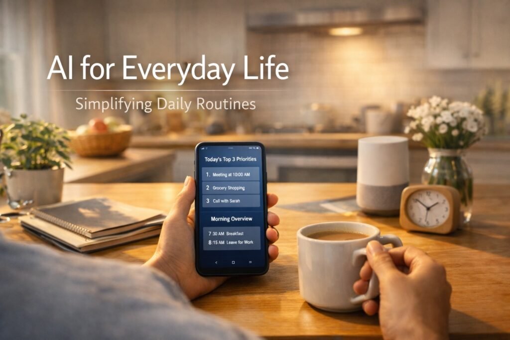 AI for everyday life shown through a calm morning routine with simple digital reminders